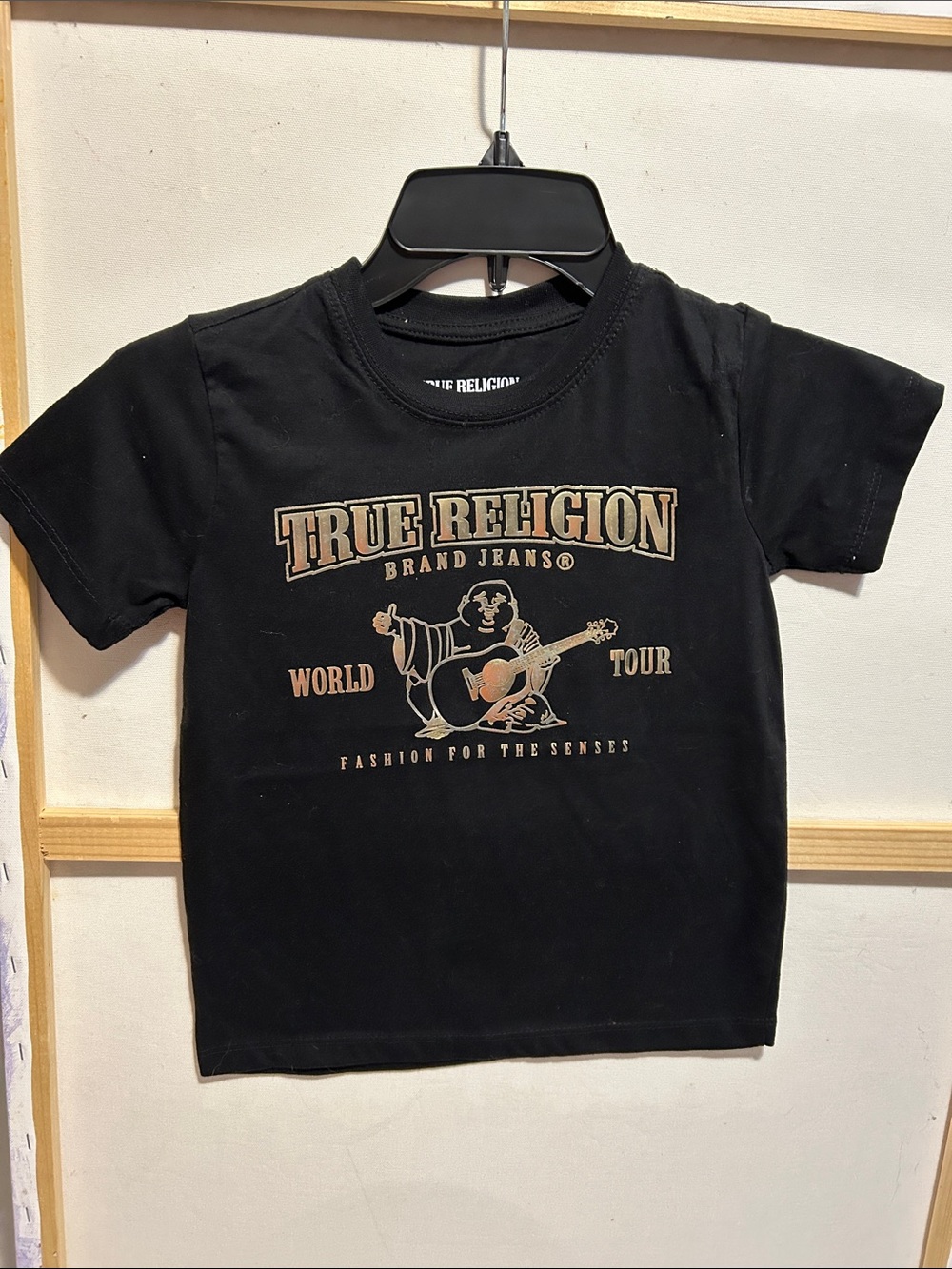 True Religion Black Tee with Gold Logo & Guitar Monk Graphic